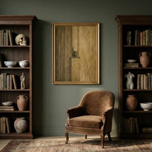 May include: A brown velvet armchair with curved wooden legs sits centered between two tall dark wood bookcases filled with books, ceramic vases, a human skull replica, and a small torso sculpture, beneath a framed abstract painting on a wall.