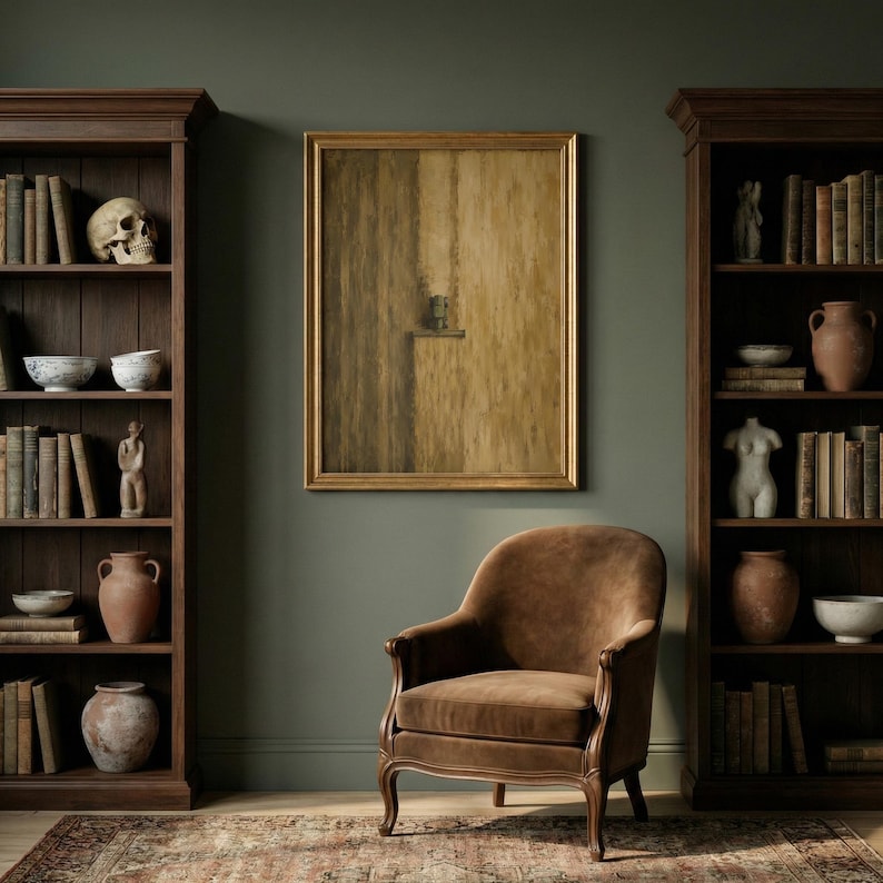 May include: A brown velvet armchair with curved wooden legs sits centered between two tall dark wood bookcases filled with books, ceramic vases, a human skull replica, and a small torso sculpture, beneath a framed abstract painting on a wall.