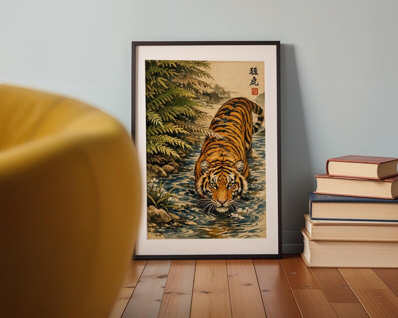 Arte mural de tigre japonés / Lámina de pintura de tigre vintage / Obra de arte de fauna asiática / Decoración de tigre en el agua / Arte mural de naturaleza oriental imagen 7