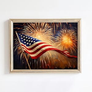 Vintage American Flag Painting | USA Fireworks Artwork | Fourth of July Wall Print for Patriotic Home | Independence Day Art