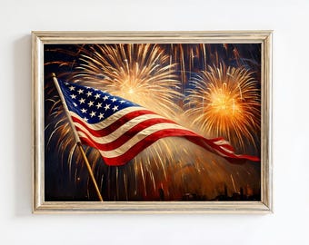 Vintage American Flag Painting | USA Fireworks Artwork | Fourth of July Wall Print for Patriotic Home | Independence Day Art