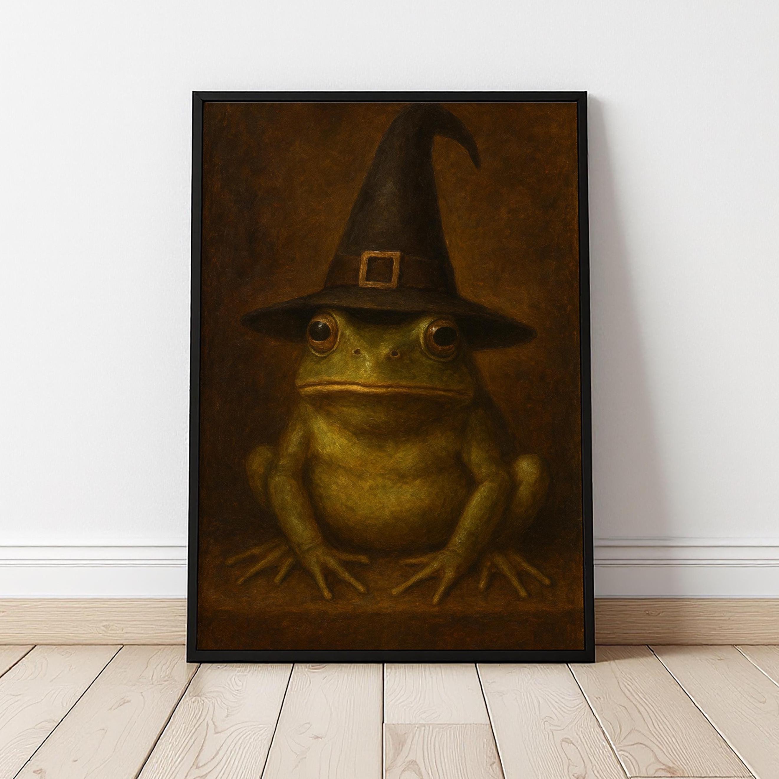 Halloween Frog Painting | Frog in Witch Hat Dark Academia Print | Vintage Victorian Toad Witchy Art | Dark Moody Decor | Gothic Frog Art