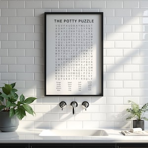 May include: A framed wall art print titled THE POTTY PUZZLE featuring a word search grid with bathroom-themed terms listed below, including Plunger, Gurgle, Squish, Whoosh, Wipe, Splash, Squirt, Flush, Drip, Clog, Sniff, Poop, Plop, Toot, Pee, Bubble, Tinkle, Whiff, Fizzy, and Suds.