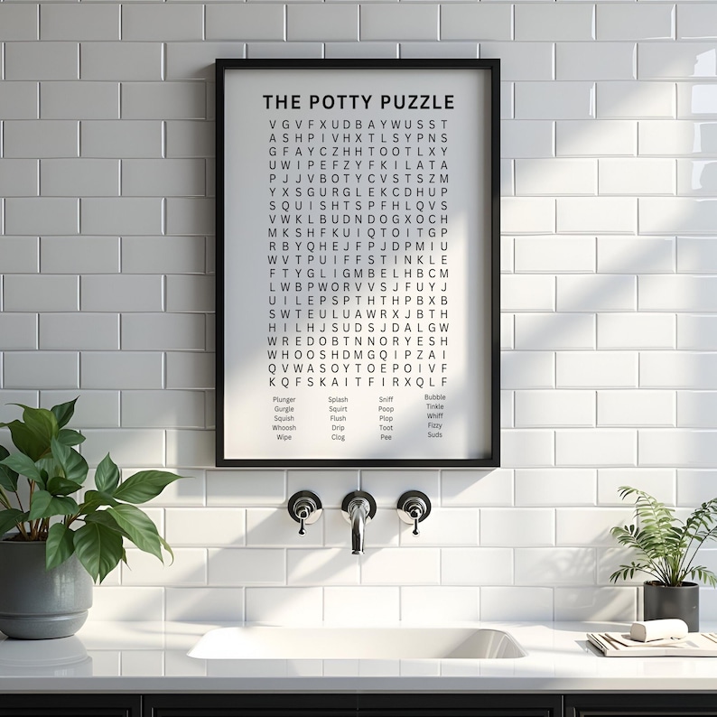 May include: A framed wall art print titled THE POTTY PUZZLE featuring a word search grid with bathroom-themed terms listed below, including Plunger, Gurgle, Squish, Whoosh, Wipe, Splash, Squirt, Flush, Drip, Clog, Sniff, Poop, Plop, Toot, Pee, Bubble, Tinkle, Whiff, Fizzy, and Suds.
