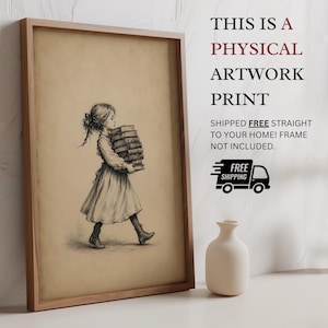 Girl Carrying Books Print | Vintage Book Lover Wall Art | Book Nook Library Decor | Reading Room Art image 2