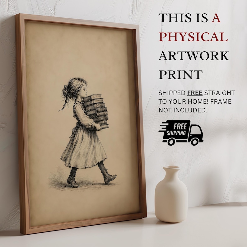Girl Carrying Books Print | Vintage Book Lover Wall Art | Book Nook Library Decor | Reading Room Art image 2