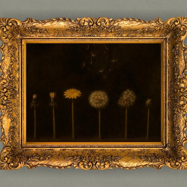 Dark Botanical Wall Art Print | Moody Dandelion Painting| Cottagecore Decor | Dark Academia Artwork | Vintage Nature Art