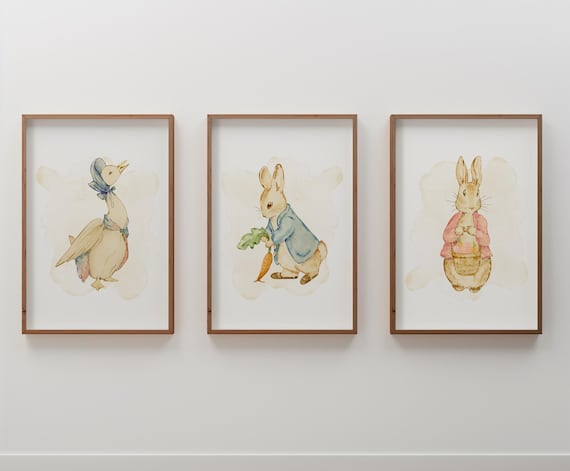 Peter Rabbit Watercolor Nursery Prints Set of 3 | Cute Nursery Wall Art 3 Piece Set | Flopsy Bunny Baby Shower Gift
