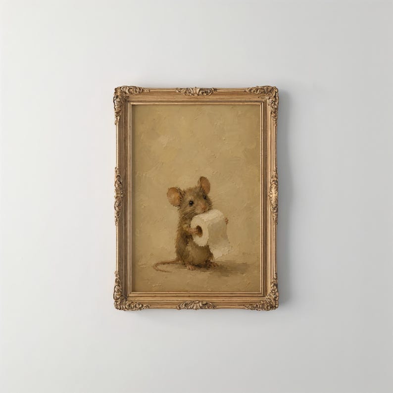 May include: A framed oil painting featuring a small brown mouse holding a roll of white toilet paper. The artwork is set against a solid beige background and is enclosed in an ornate, decorative gold-colored frame with intricate carved details.