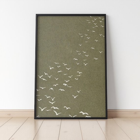 Flock of Birds Olive Print | Minimalist Bird Art | Sage Green Decor | Earthy Neutral Tone Wall Art | Modern Flying Birds