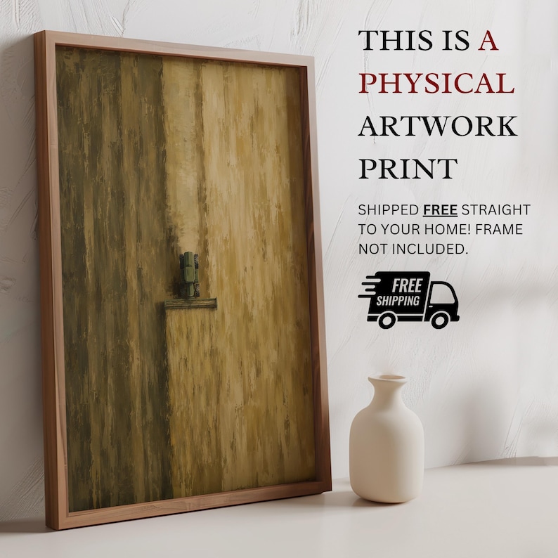 May include: A rectangular framed artwork print featuring a vertical abstract composition in shades of olive green and tan. The artwork displays a small, dark green tractor-like vehicle positioned centrally on a textured, brush-stroked background.
