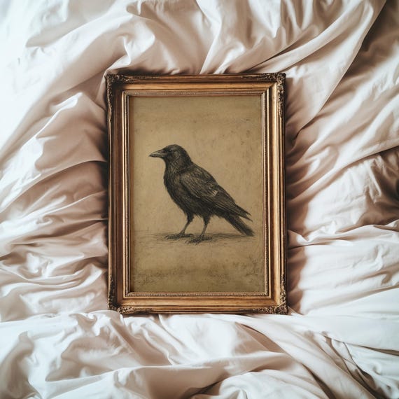 Vintage Crow Sketch Wall Art | Gothic Raven Print | Dark Cottagecore Decor | Antique Bird Illustration | Rustic Nature Artwork