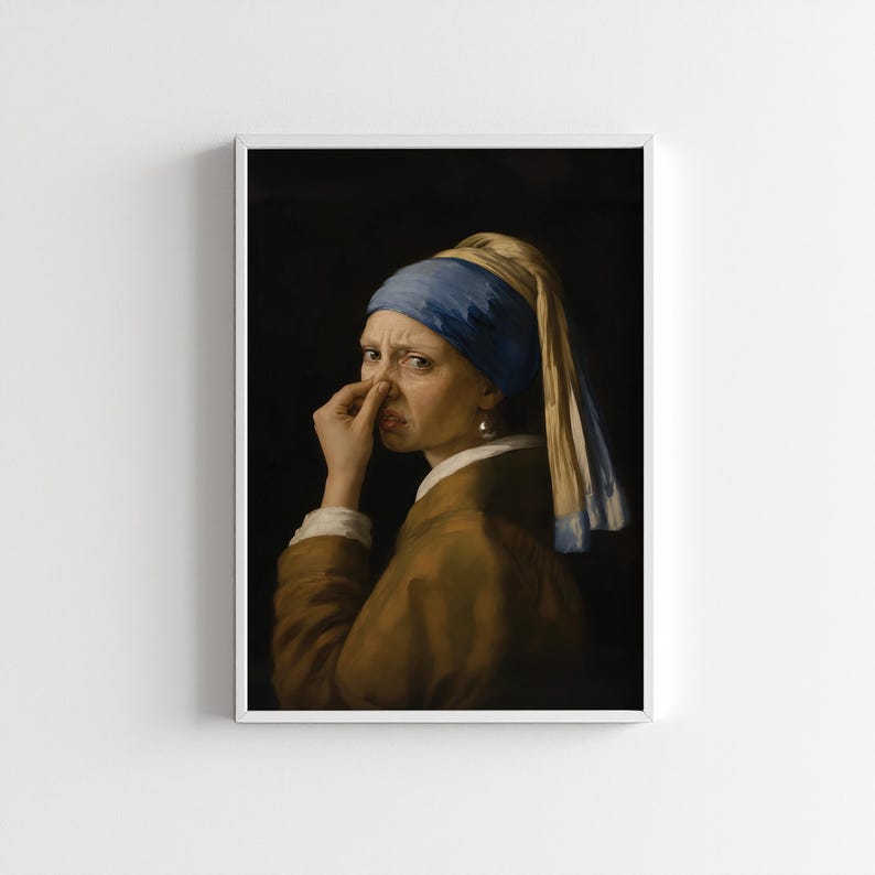 May include: A framed art print depicting a person wearing a blue and white headscarf and a brown jacket. The person is holding their nose with one hand, displaying a facial expression of disgust against a dark, solid black background.