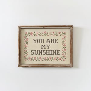 May include: A framed cross-stitch artwork with the words "YOU ARE MY SUNSHINE" in dark letters. The text is surrounded by a floral border in pink and green, set against a beige background. The frame is made of wood.