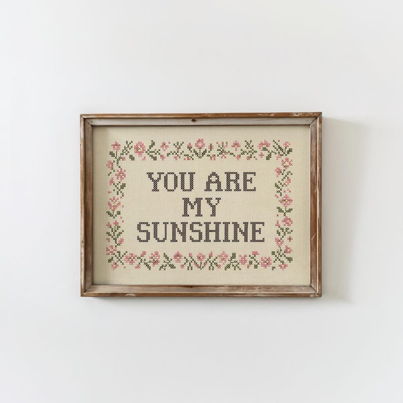 May include: A framed cross-stitch artwork with the words "YOU ARE MY SUNSHINE" in dark letters. The text is surrounded by a floral border in pink and green, set against a beige background. The frame is made of wood.