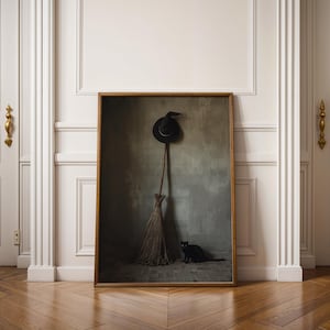May include: A framed rectangular wall art print featuring a dark, moody scene with a black pointed hat hanging above a wooden broomstick, and a small black cat sitting on a stone floor against a textured grey wall in a dimly lit room.