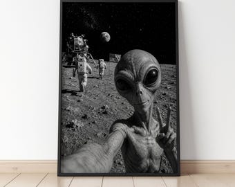 Alien Selfie on the Moon Wall Art | Funny UFO Space Print | Retro Sci Fi Decor | Astronaut Comedy Painting