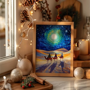May include: A framed painting depicting the three wise men riding camels under a starry night sky with a large, bright moon. The painting is in a wooden frame and is set against a background of Christmas decorations.