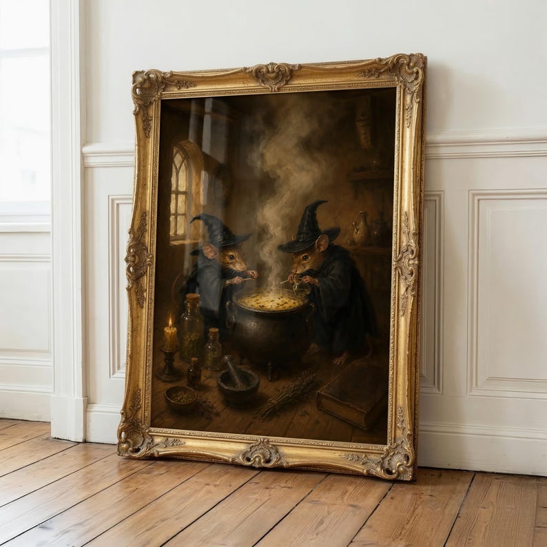 Op de afbeelding: Een ingelijste kunstdruk met twee muizen in zwarte puntmutsen en gewaden, staand rond een rokende zwarte ketel. De sc&egrave;ne bevat glazen flessen, een vijzel met stamper, een brandende kaars en een boek op een houten vloeroppervlak.