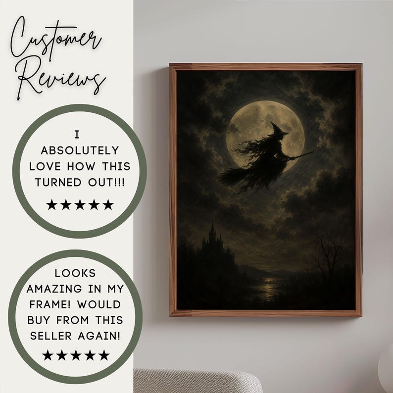 May include: A framed wall art print featuring a dark silhouette of a witch flying on a broomstick against a large, glowing full moon. The scene includes a cloudy night sky, a distant castle, and a body of water below, all in muted, dark tones.