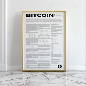 以下が含まれることがあります： 「Bitcoin: A Peer-to-Peer Electronic Cash System」というタイトルの白黒ポスター。ポスターには、ビットコインの技術的な詳細を説明するテキストと図が掲載されています。