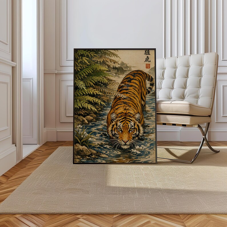 Arte mural de tigre japonés / Lámina de pintura de tigre vintage / Obra de arte de fauna asiática / Decoración de tigre en el agua / Arte mural de naturaleza oriental imagen 3