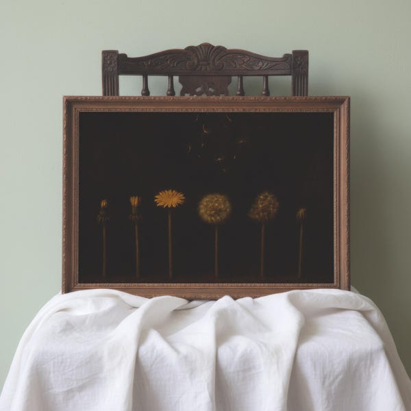 Moody Cottagecore Dandelion Painting | Vintage Dark Academia Print | Modern Farmhouse Art | Dark Dandelion Flower Artwork