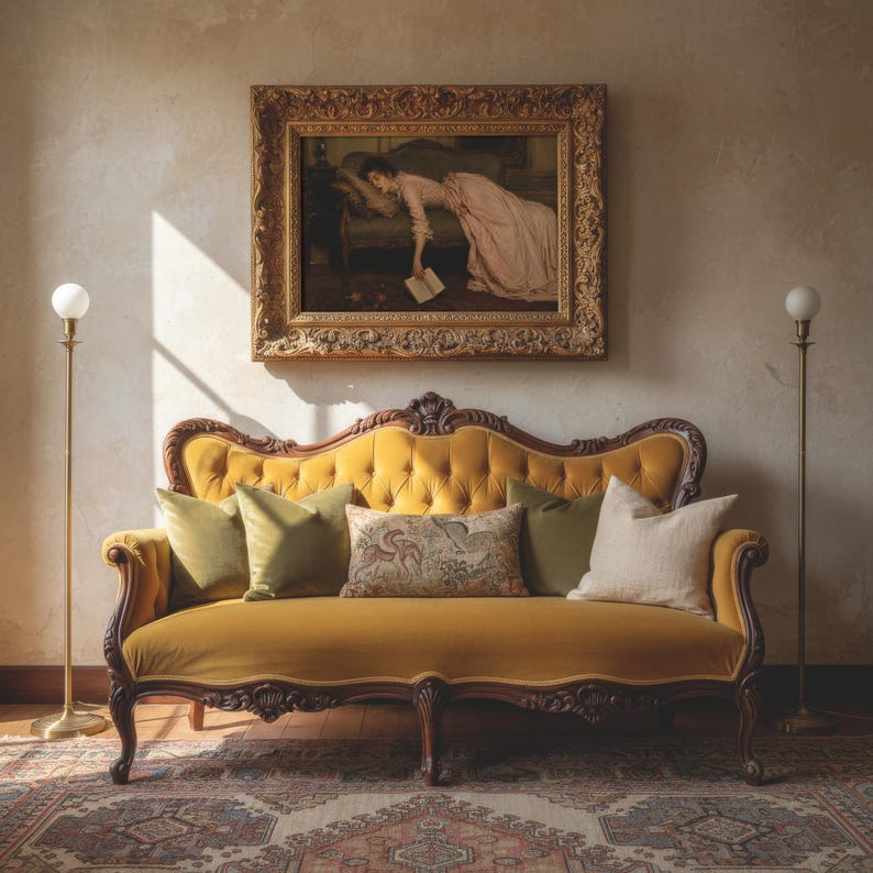May include: A mustard yellow velvet sofa with a tufted back and dark wood frame, featuring two olive green pillows, one patterned rectangular pillow, and one cream pillow. Above the sofa hangs a framed painting of a person reclining on a couch.