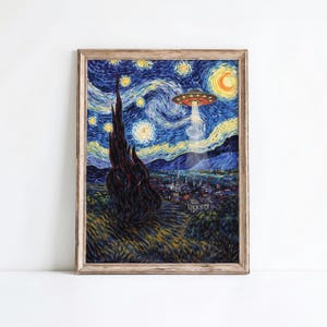 May include: Framed art print depicting a whimsical scene inspired by Van Gogh's "Starry Night." The artwork features a swirling night sky with stars and a UFO beaming light onto a village. The print is in a wooden frame.