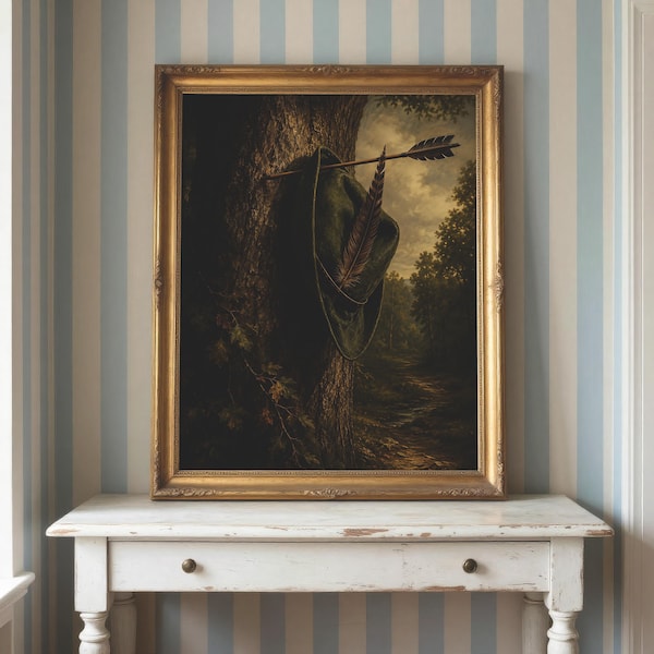 Robin Hood Hut Wand Kunst | Stimmungsvolle Bilderbuchdekoration | Sherwood Wald Poster | Dark Academia Waldland Dekor