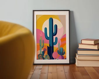 Grafika ścienna z kaktusem pustynnym | Różowy krajobraz pustyni Saguaro | Wystrój boho z południowego zachodu | Estetyka zachodniej pustyni | Nowoczesna sztuka ścienna