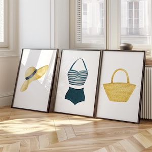 Watercolor Blue Swimsuit Lakehouse Art | Navy Swimsuit Print Set of 3 | Vintage Bathing Suit Wall Art Trio