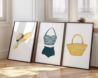 Conjunto de 3 pôsteres de maiô azul em aquarela para casa de lago | Conjunto de 3 pôsteres de maiô azul marinho | Trio de quadros vintage para parede com tema de trajes de banho