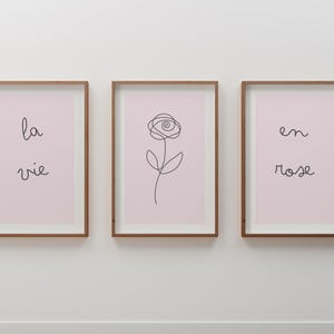 Láminas de La Vie en Rose / Póster con citas en francés / Regalo para amantes del color rosa / Juego de 3 piezas de arte de pared en color rosa