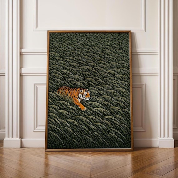 Japanese Tiger Wall Art Print | Bengal Tiger in Green Field | Ukiyo-e Style Animal Poster | Oriental Tiger Decor | Emerald Green Wall Art