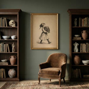 May include: A framed charcoal-style drawing of a young person in a dress carrying a stack of books, centered between two dark wood bookshelves filled with books, pottery, a skull, and a bust, with a brown velvet armchair in the foreground.