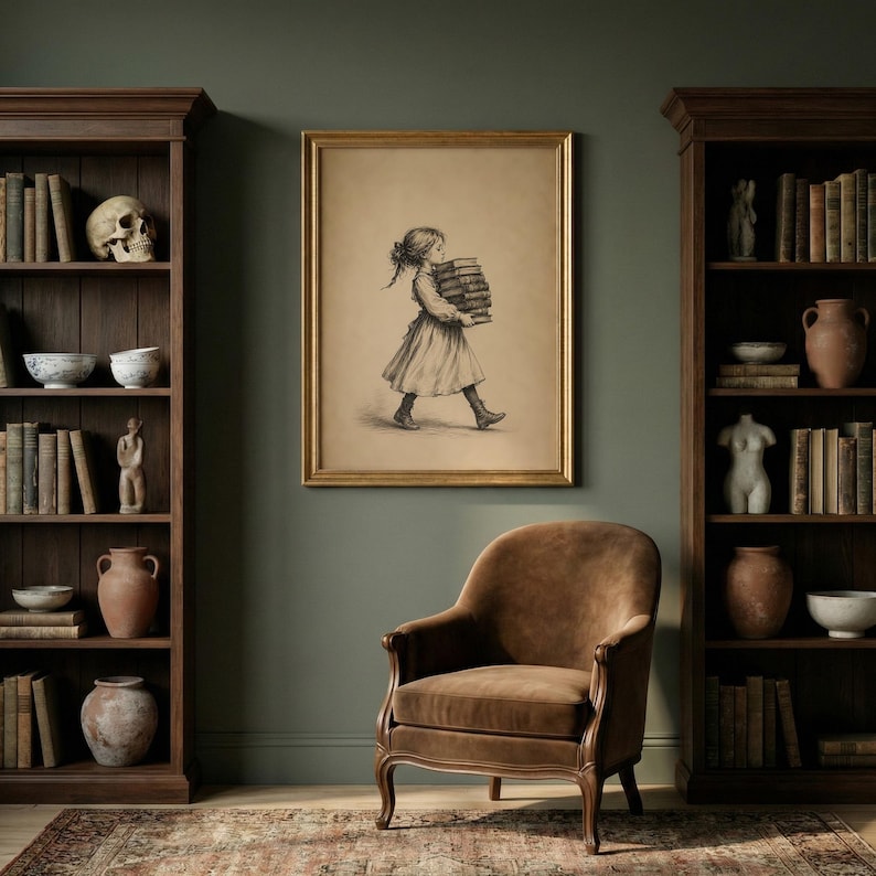 May include: A framed charcoal-style drawing of a young person in a dress carrying a stack of books, centered between two dark wood bookshelves filled with books, pottery, a skull, and a bust, with a brown velvet armchair in the foreground.