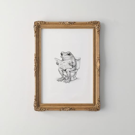 Toad on a Toilet Bathroom Print | Funny Frog Reading in Bathroom | Quirky Toad Sketch | Bathroom Frog | Humorous Bathroom Decor Gift