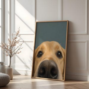 Puede incluir: Una impresi&oacute;n de arte mural vertical enmarcada que presenta un primer plano en gran angular del rostro de un perro de color dorado. El perro tiene ojos grandes de color marr&oacute;n oscuro y una nariz negra prominente y detallada centrada sobre un fondo verde azulado.