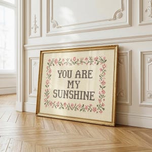 May include: A framed cross-stitch artwork with the text "YOU ARE MY SUNSHINE" in black letters. The artwork is surrounded by a floral border in pink and green, set against a cream-colored background. The frame is gold.