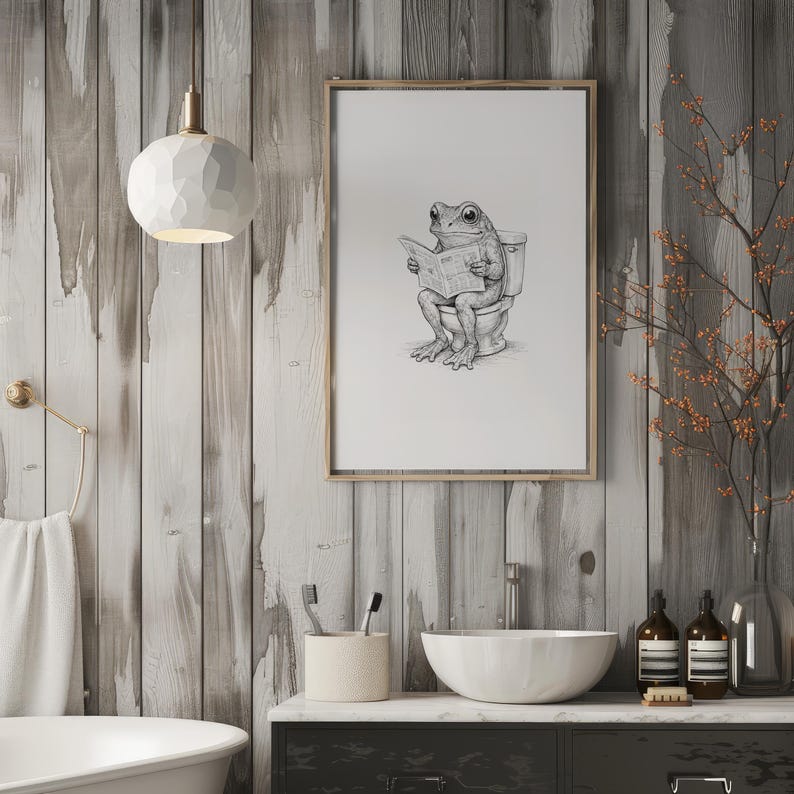 Impresión de sapo en el inodoro / Rana divertida leyendo en el baño / Dibujo peculiar de sapo / Rana del baño / Regalo divertido para decorar el baño imagen 4