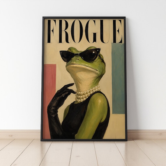 Funny Frog Wall Art Print | Fashion Frog Artwork | Frogue Magazine Cover | Whimsical Animal Decor | Mid Century Style Poster