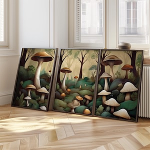 Mushroom Motif Wall Art Set | Moody Mushroom Triptych | 3 Piece Dark Forest Prints for Nature Lovers