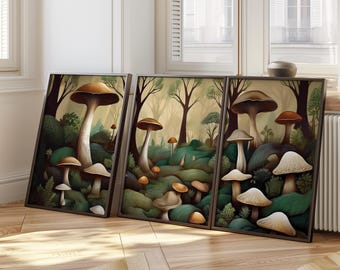 Mushroom Wall Art Set of 3 | Moody Dark Forest Prints | Nature Inspired Decor | Cottagecore Wall Art | Botanical Triptych