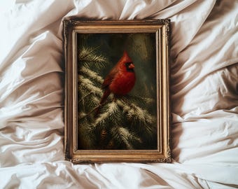 Winter Cardinal Wall Art | Red Bird in Evergreen Print | Winter Farmhouse Wall Decor | Cozy Christmas Artwork