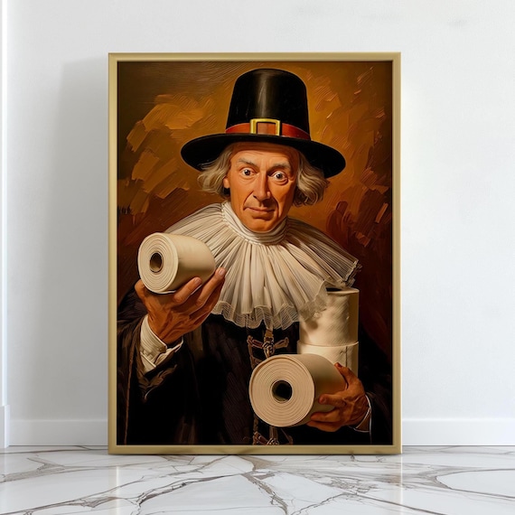 Funny Thanksgiving Bathroom Art | Bathroom Pilgrim Print | Holiday Humor Wall Print | Powder Room Thanksgiving Print for Fall