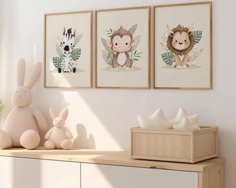ジャングルテーマの子供部屋 | サファリ柄の子供部屋用プリント3枚セット | 男の子の子供部屋用壁飾り