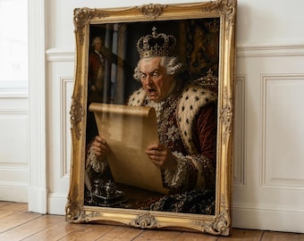 May include: A framed print of a historical painting depicting a king with a shocked expression reading a scroll. The king wears a crown, ornate robes, and a fur-lined cloak. The gold frame has decorative detailing.