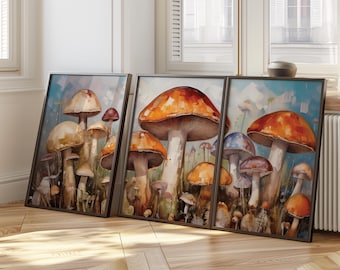 Paddenstoel muurkunst set van 3 | Vintage botanische prints | Cottagecore-decor | Schimmelskunstwerk | Natuurmuurdecoratie