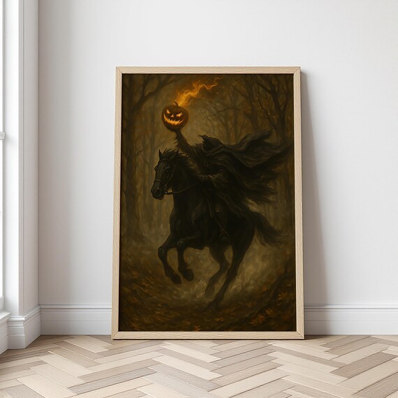 Headless Horseman Print | Dark Moody Academia Artwork | Gothic Ghost Oil Painting  | Spooky Decor for Gallery Wall | Goth Halloween Print
